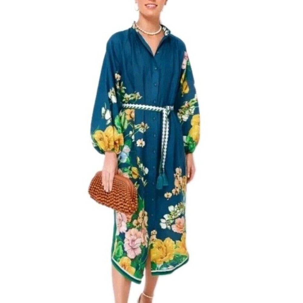 Alemais Lyla Linen Shirt Dress Teal Blue Floral Luxe AU 8/US 4 Oversized Fit